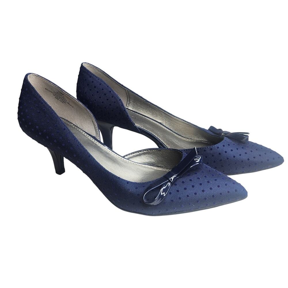 Bandolino Blue Polka Dot Kitten Heel Pumps Bow Retro Pointed Toe 10M